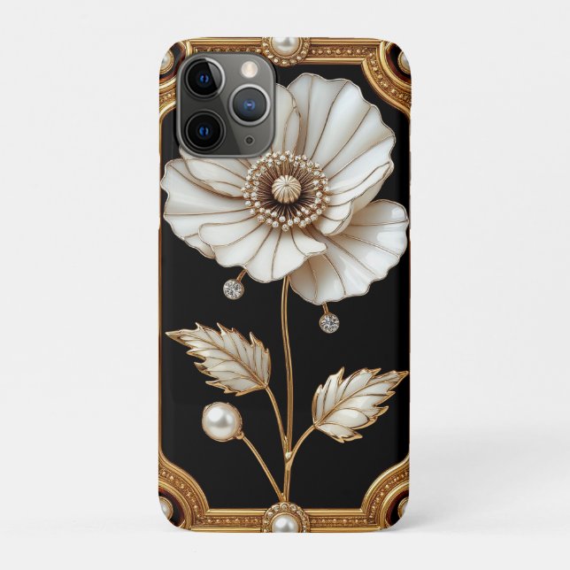 Capa Para iPhone 11 Pro Moldura Dourada Com Desenho Floral e Pérolas (Verso)