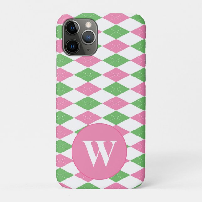 CAPA PARA iPhone 11 PRO MONOGRAMA ARGYLE ROSA VERDE PADRÃO (Verso)