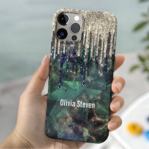 Capa Para iPhone 11 Pro Monograma chic com gotas de brilho verde turquesa