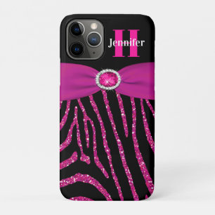 Capa Para iPhone 11 Pro Monograma cor-de-rosa, preto brilhante Zebra iPhon