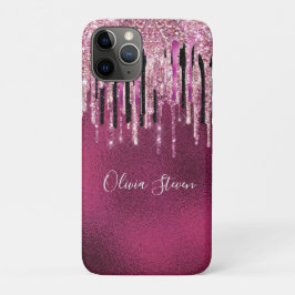 Capa Para iPhone 11 Pro Monograma das gotas pretas, cor-de-rosa quente, qu
