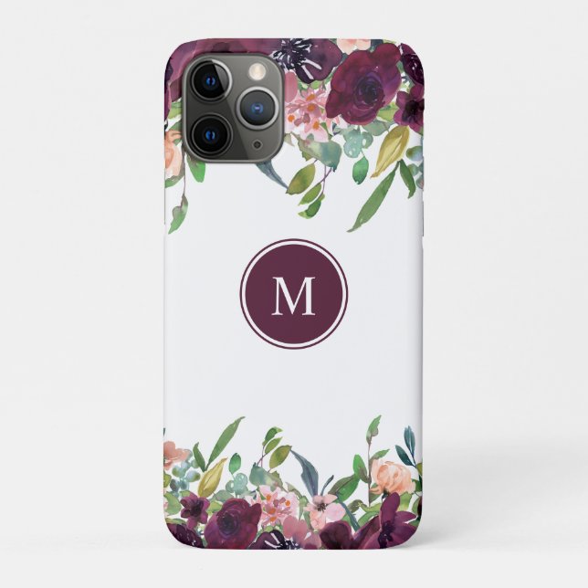 Capa Para iPhone 11 Pro Monograma de Aquarela Floral | Púrpura rosa-rosa M (Verso)