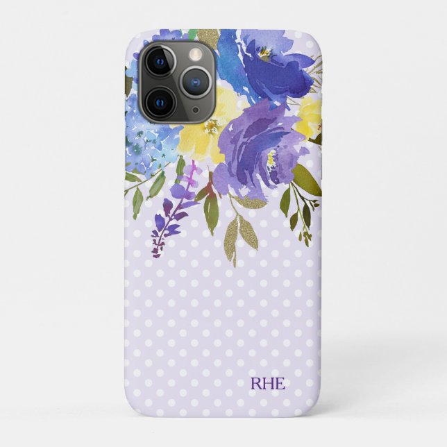 Capa Para iPhone 11 Pro Monograma de Bolinhas Floral Azul Roxo (Verso)