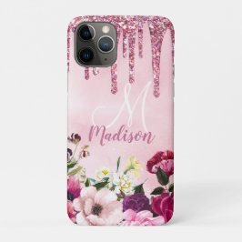 Capa Para iPhone 11 Pro Monograma de brilho cor-de-rosa pingando floreado