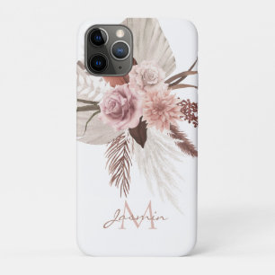 Capa Para iPhone 11 Pro Monograma de Flores Secas de Grama Rosa-Rosa-Boho