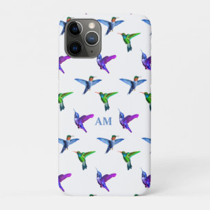 Capa Para iPhone 11 Pro Monograma e beija-flores em branco