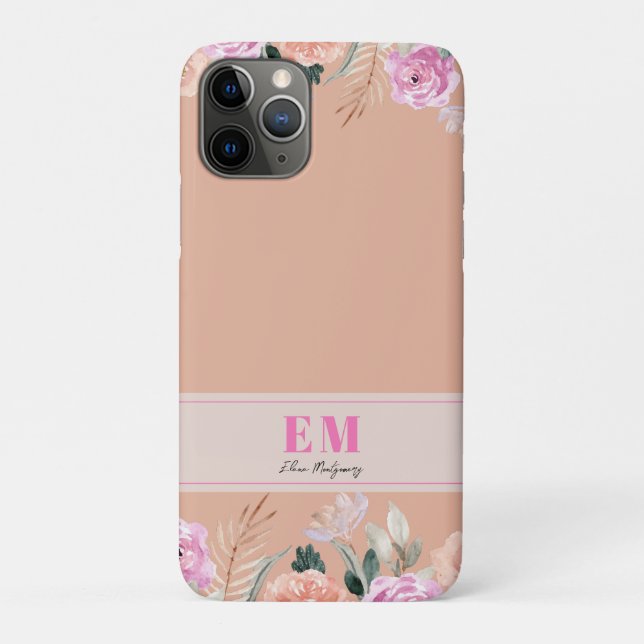 Capa Para iPhone 11 Pro Monograma floral de Rosa Dusty (Verso)
