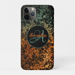 Capa Para iPhone 11 Pro Monograma Floral na moda Laranja e Preto Verde