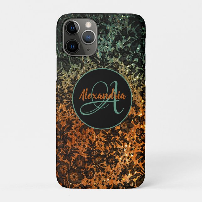 Capa Para iPhone 11 Pro Monograma Floral na moda Laranja e Preto Verde (Verso)