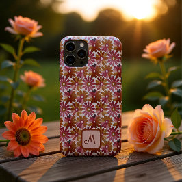 Capa Para iPhone 11 Pro Monograma Floral Retro Personalizado Rosa e Marrom