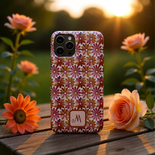 Capa Para iPhone 11 Pro Monograma Floral Retro Personalizado Rosa e Marrom