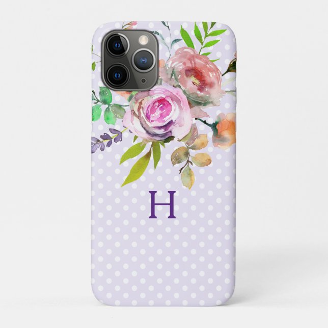 Capa Para iPhone 11 Pro Monograma Floral Rosa Púrpura (Verso)
