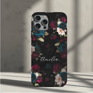 Capa Para iPhone 11 Pro Monograma Floral Turquesa Escuro Vermelho Elegante
