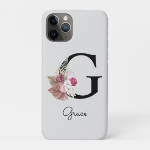 Capa Para iPhone 11 Pro Monograma Inicial G Rosa Boho Floral Feminino
