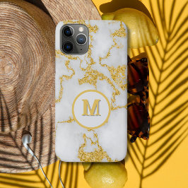 Capa Para iPhone 11 Pro Monograma M Elegante Padrão Mármore Branco e Dour