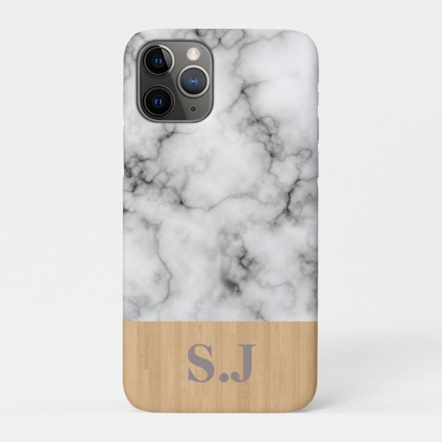 Capa Para iPhone 11 Pro Monograma Marble e Padrão de Madeira (Verso)