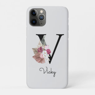 Capa Para iPhone 11 Pro Monograma Rosa Boho Floral Feminino Inicial V
