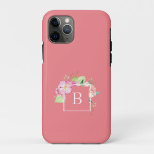 Capa Para iPhone 11 Pro Monograma Rosa Coral Floral Aquarela Feminina