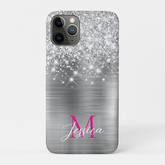 Capa Para iPhone 11 Pro Monograma Rosa Quente com Folha de Folha de Silver (Verso)