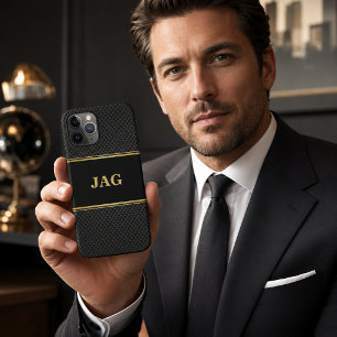 Capa Para iPhone 11 Pro Monograma Texturizado Dourado e Preto com Classe