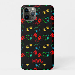 Capa Para iPhone 11 Pro Na moda DOG PAW PRINTS and AMVE HEARTS Monograma