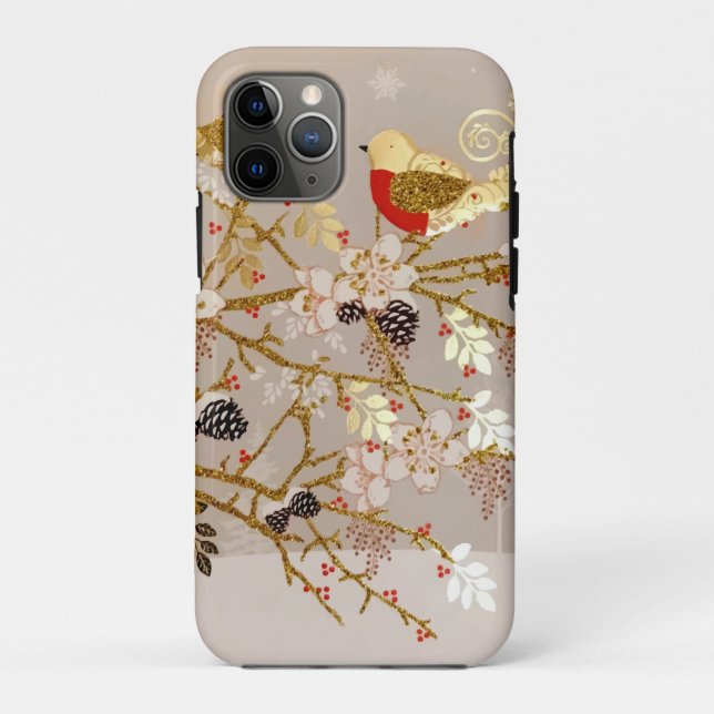Capa Para iPhone 11 Pro Natal Dourado das aves de neve do inverno (Verso)