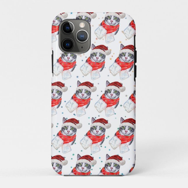 Capa Para iPhone 11 Pro Natal engraçado de gato tabby cinza e branco (Verso)