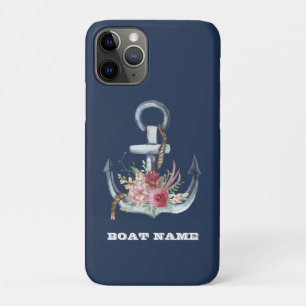 Capa Para iPhone 11 Pro Náutica Floral Anchor Boat Name Marinho Blue