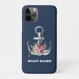 Capa Para iPhone 11 Pro Náutica Floral Anchor Boat Name Marinho Blue