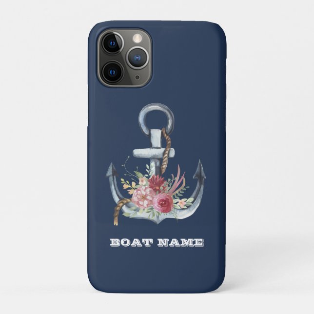 Capa Para iPhone 11 Pro Náutica Floral Anchor Boat Name Marinho Blue (Back)
