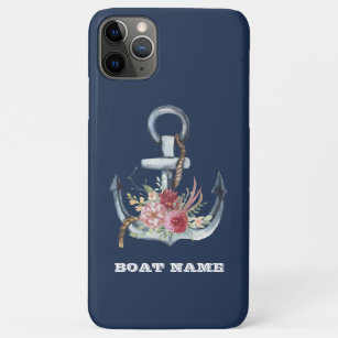 Capa Para iPhone 11 Pro Max Náutica Floral Anchor Boat Name Marinho Blue