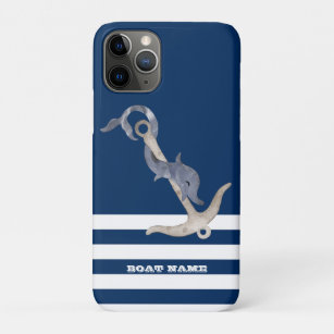 Capa Para iPhone 11 Pro Náutica,Marinho de golfinho ancorado, azul riscado