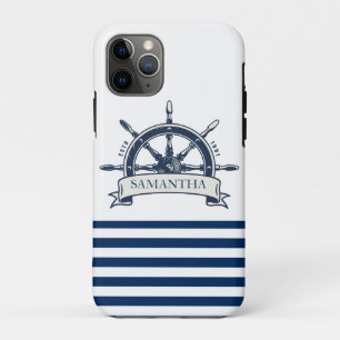 Capa Para iPhone 11 Pro Náutica, Roda do Barco, Marinho Azul, Stripes Bran