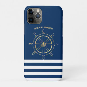 Capa Para iPhone 11 Pro Náutica, Roda Dourada do Barco, Marinho Blue Strip