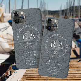 Capa Para iPhone 11 Pro Nautical Rope Monogram Map Grey