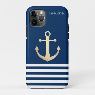 Capa Para iPhone 11 Pro Náutico, Âncora Dourada Listras Azul-Marinho