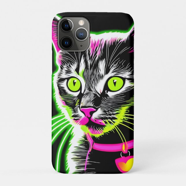 Capa Para iPhone 11 Pro Neon Gatinho Feline Art (Verso)