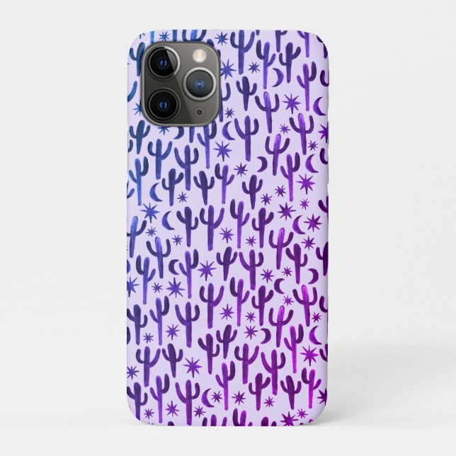 Capa Para iPhone 11 Pro Noite Deserto Diversão Cactus Padrão Purple Waterc (Verso)