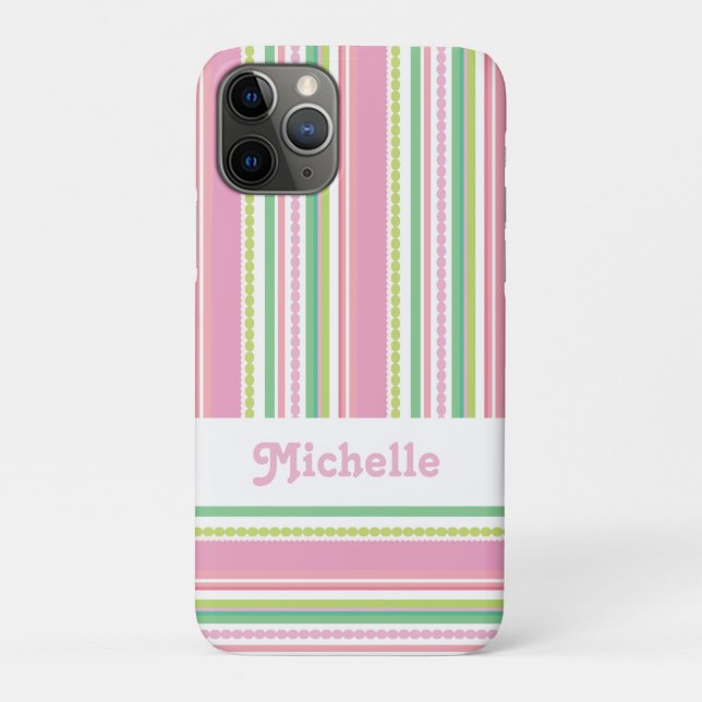 Capa Para iPhone 11 Pro Nome contas listradas rosa verde branco (Verso)
