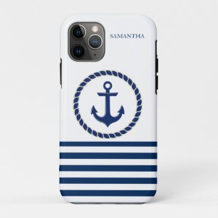 Capa Para iPhone 11 Pro Nome de Barco Náutico, Âncora Azul Marinho Listrad