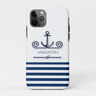 Capa Para iPhone 11 Pro Nome de Barco Náutico, Âncora, Corda, Listras Azul