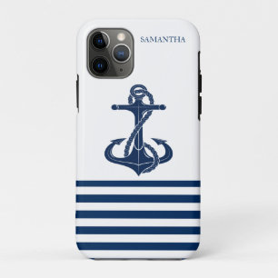 Capa Para iPhone 11 Pro Nome de Barco Náutico, Âncora Listras Brancas Azul