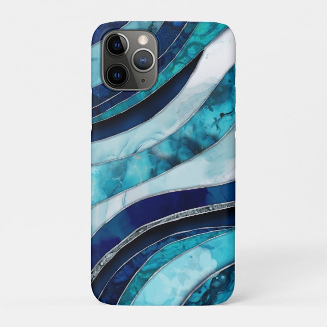 Capa Para iPhone 11 Pro Ondas - Abstrato azul de mídia mista (Verso)