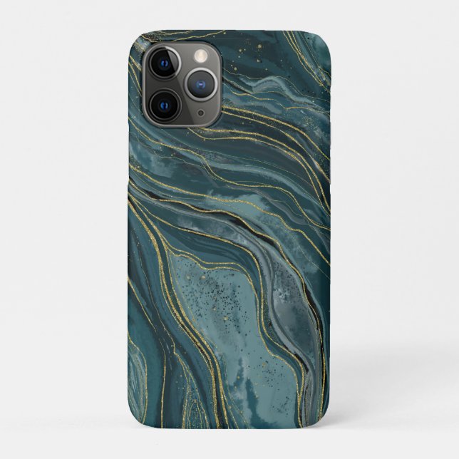 Capa Para iPhone 11 Pro Ondas Douradas De Abstrato Azul Tranquilo (Verso)