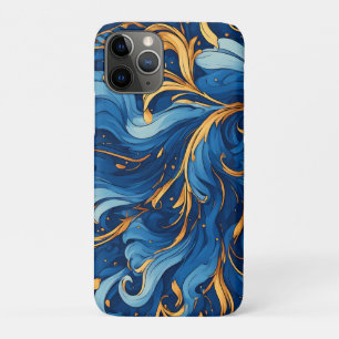 Capa Para iPhone 11 Pro Ondas Reais de Fantasia Redemoinhos de Azul e Dour