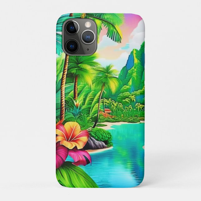 Capa Para iPhone 11 Pro Ondas Vibrantes Do Oceano E Árvores De Palma (Verso)