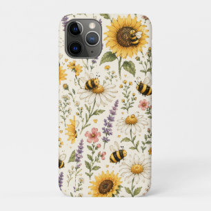 Capa Para iPhone 11 Pro Padrão de Abelha e Flores Silvestres Fofo