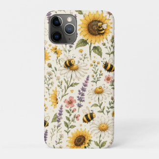 Capa Para iPhone 11 Pro Padrão de Abelha e Flores Silvestres Fofo