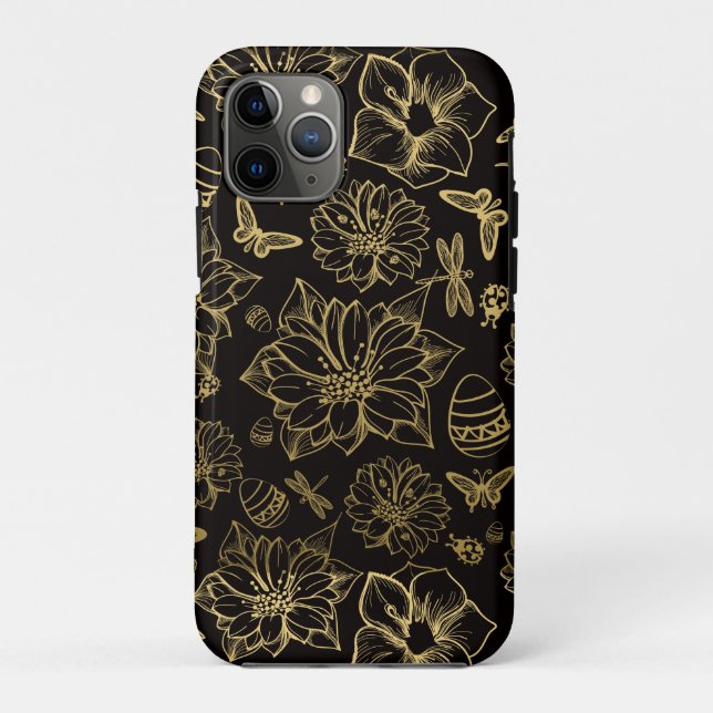 Capa Para iPhone 11 Pro Padrão de borboletas de flores Douradas (Verso)