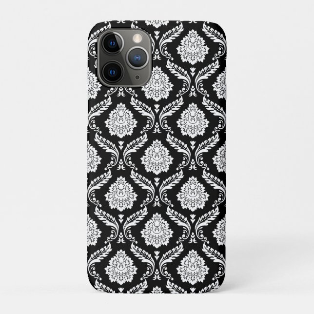 Capa Para iPhone 11 Pro Padrão de Damasco Rococó Branco no Preto (Verso)